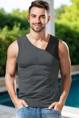 TRIPR Solid Men Round Neck Grey, Black T-Shirt