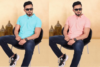 INDICLUB Solid Men Polo Neck Light Blue, Pink T-Shirt