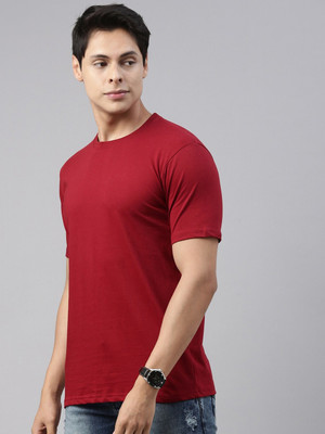 RULEDBYSUN Solid Men Round Neck Maroon T-Shirt