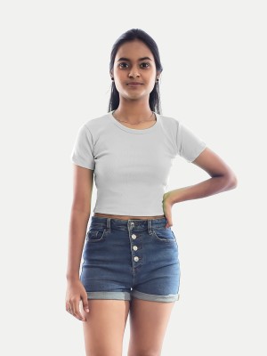 radprix Self Design Women Round Neck Grey T-Shirt