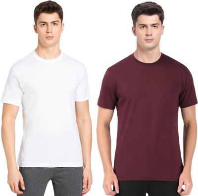 JOCKEY Solid Men Round Neck White, Maroon T-Shirt