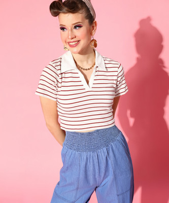 SASSAFRAS Striped Women Polo Neck Red T-Shirt
