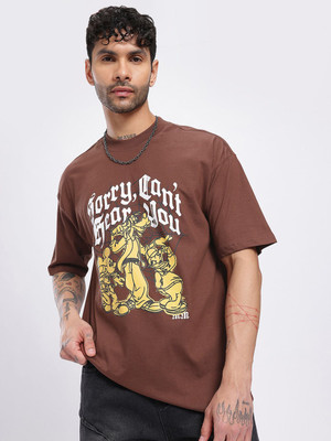Glitchez Printed Men Round Neck Brown T-Shirt