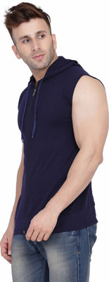 Lawful Casual Solid Men Hooded Neck Dark Blue T-Shirt