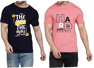 WOOSTRO Printed Men Round Neck Dark Blue, Pink T-Shirt