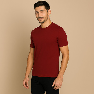 firrach Solid Men Round Neck Maroon T-Shirt