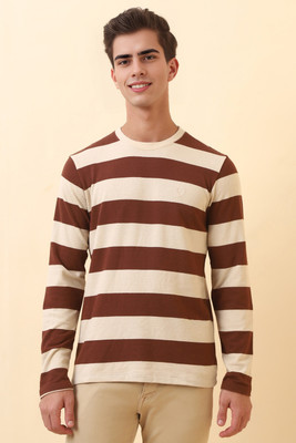 Allen Solly Striped Men Crew Neck Beige T-Shirt