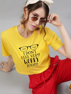 SPOWEARY Typography Women Round Neck Yellow T-Shirt