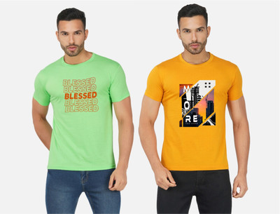 GLOBAL NOMAD Printed Men Round Neck Yellow, Light Green T-Shirt