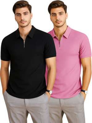 RMLKN Self Design, Solid Men Zip Neck Black, Pink T-Shirt
