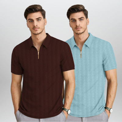 BROWEARS Self Design Men Zip Neck Brown, Light Blue T-Shirt