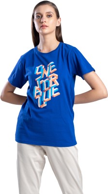 One For Blue Printed Women Round Neck Blue T-Shirt