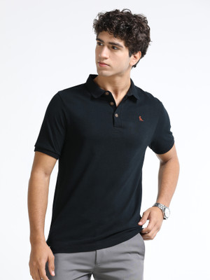 estuna Solid Men Polo Neck Black T-Shirt