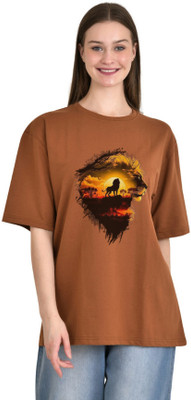 Sqoota Printed Women Round Neck Brown T-Shirt