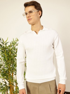 THOMAS SCOTT Self Design Men Polo Neck White T-Shirt