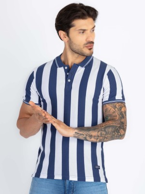 Status Quo Striped Men Polo Neck Blue T-Shirt