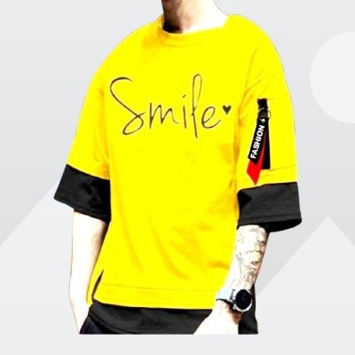 SARA Printed Men Round Neck Yellow T-Shirt