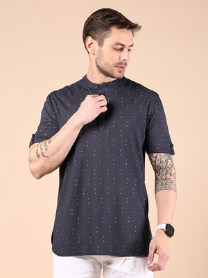 V-MART Printed Men Henley Neck Blue T-Shirt