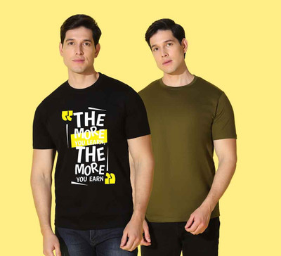 WOOSTRO Printed, Solid Men Round Neck Black, Green T-Shirt