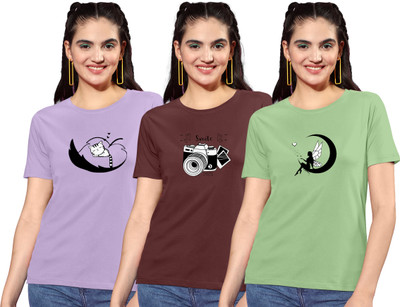 ZentWorld Graphic Print Women Round Neck Purple, Brown, Light Green T-Shirt