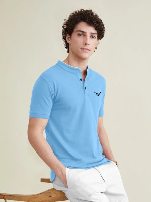 FABWAX Solid Men Mandarin Collar Light Blue T-Shirt