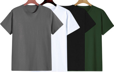TTFE Solid Men Round Neck Grey, White, Black, Green T-Shirt