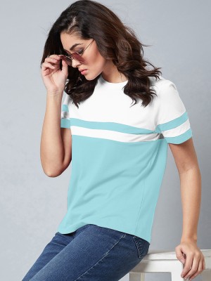 AOOSH Striped Women Round Neck White, Light Blue T-Shirt