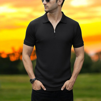 The Stanch Self Design Men Polo Neck Black T-Shirt