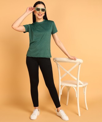 Adyavastram Solid Women Round Neck Green T-Shirt