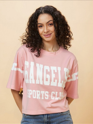 MAYKR Typography Women Round Neck Pink T-Shirt