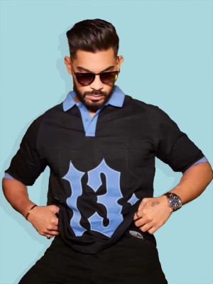 MANIAC Printed Men Polo Neck Black, Blue T-Shirt