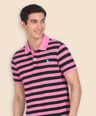 U.S. POLO ASSN. Striped Men Polo Neck Pink, Black T-Shirt