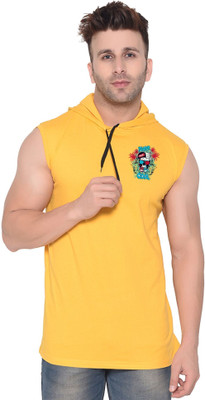 Lawful Casual Printed Men Hooded Neck Yellow T-Shirt