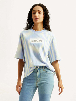 LEVI'S Striped Women Crew Neck Light Blue, White T-Shirt