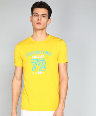 French Connection Printed, Typography Men Round Neck Yellow T-Shirt