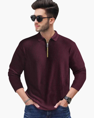 TOIX Self Design Men Polo Neck Purple T-Shirt