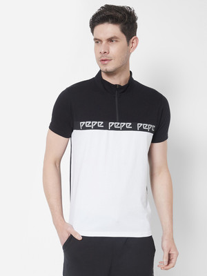 Pepe Jeans Geometric Print Men Zip Neck Black T-Shirt