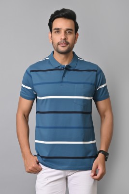 Arbour Striped Men Polo Neck Blue T-Shirt