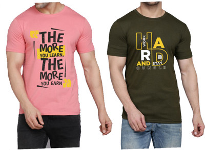 WOOSTRO Printed Men Round Neck Dark Green, Pink T-Shirt