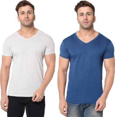 Tresna Fab Solid Men V Neck Dark Blue, Grey T-Shirt