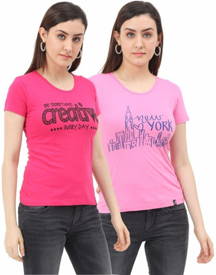 FEDAMSEL Printed, Typography Women Round Neck Pink T-Shirt