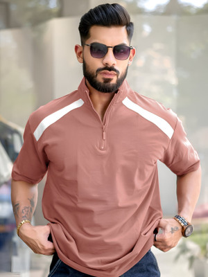 MANIAC Colorblock Men High Neck Brown T-Shirt