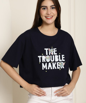 TOM AND JERRY by DreamBe Printed, Typography Women Round Neck Black T-Shirt