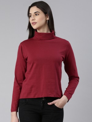 Kryptic Solid Women High Neck Maroon T-Shirt