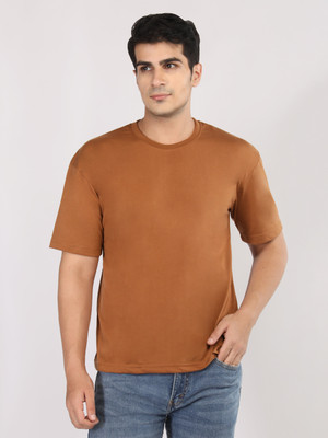 ETC Solid Men Round Neck Brown T-Shirt