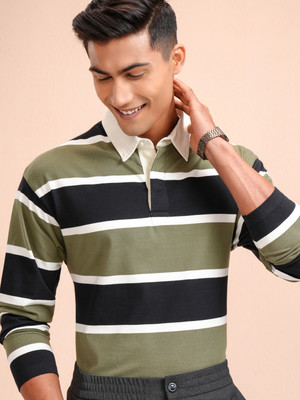 HIGHLANDER Striped Men Polo Neck Black T-Shirt