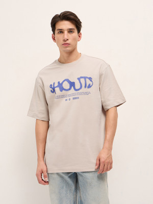 THE BEAR HOUSE Typography Men Crew Neck Beige T-Shirt