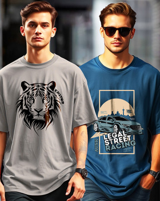 ENITOR Printed Men Round Neck Grey, Dark Blue T-Shirt