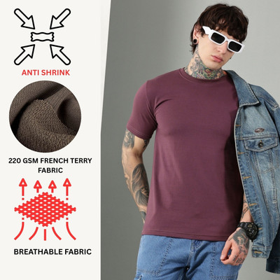 Own The Look Solid Men Round Neck Pink T-Shirt