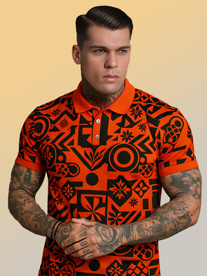 SINDHIGARMENT Printed Men Polo Neck Orange T-Shirt
